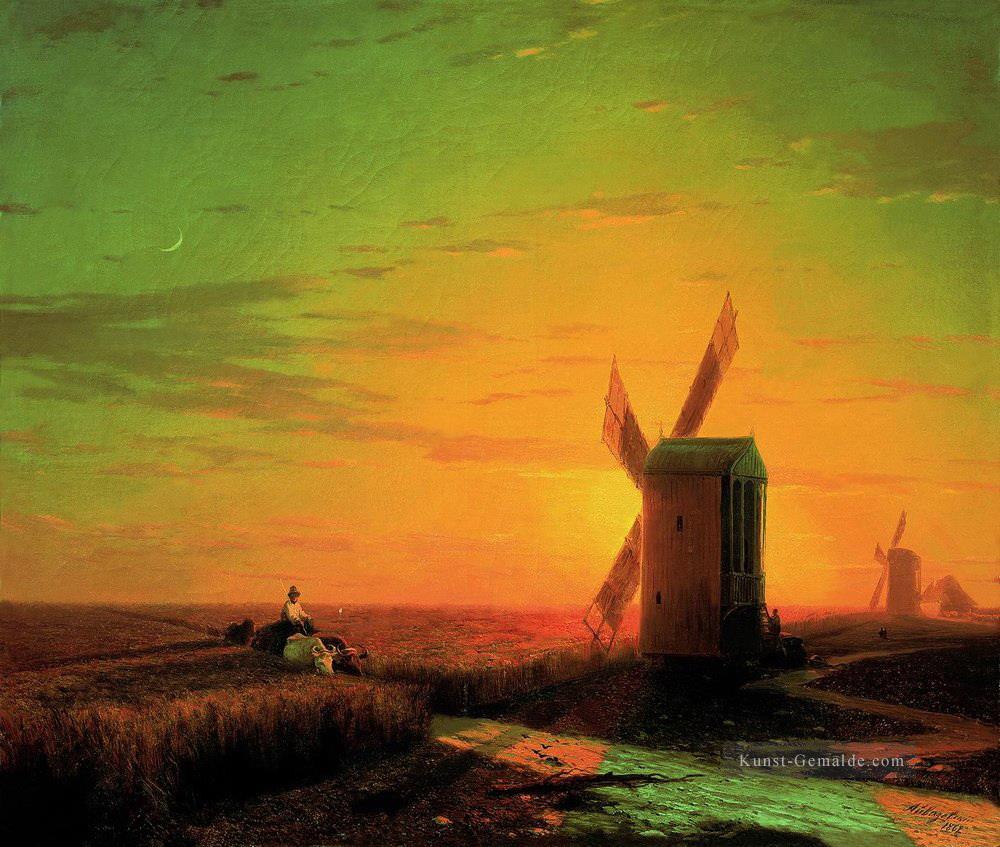 Windmühlen in der ukrainischen Steppe bei Sonnenuntergang Ivan Aiwasowski Ölgemälde